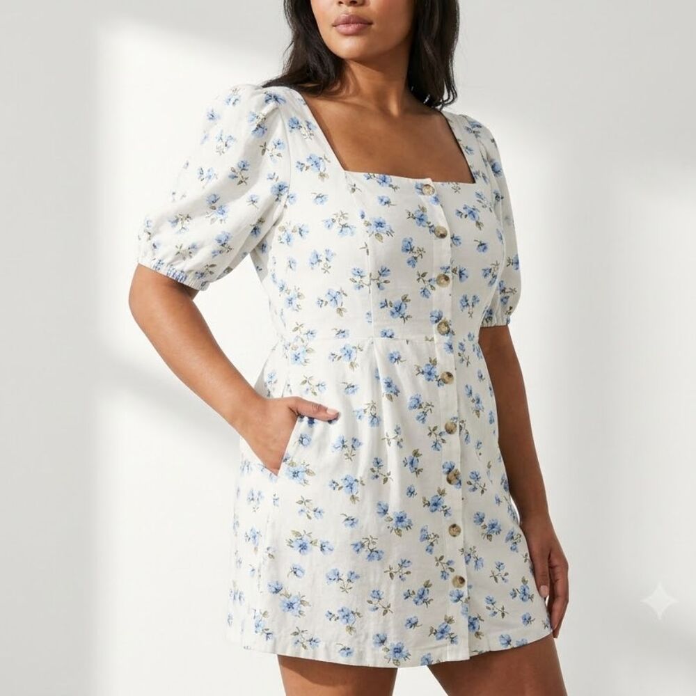 NWT Old Navy Floral Linen Blend Dress L White Blue Puff Sleeve Mini Pockets